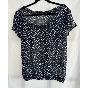 Zara Basic Women’s L Sheer Top Navy White Polkadot Short Flutter Sleeve